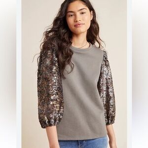 Anthropologie Amadi metallic puff sleeve grey pullover sweatshirt size S